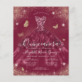Billig Burgundy Red Gold Gown Quinceanera Einladun Flyer