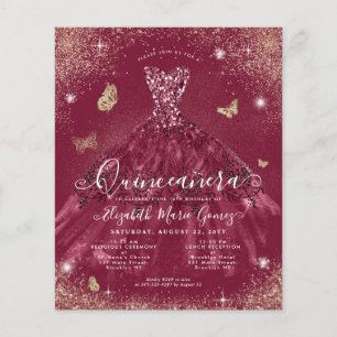 Billig Burgundy Red Gold Gown Quinceanera Einladun Flyer
