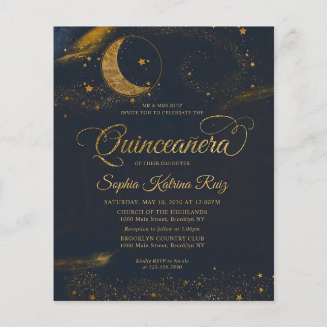 Billig Celestial Mitternacht Blue Stars Quinceaner Flyer (Vorne)