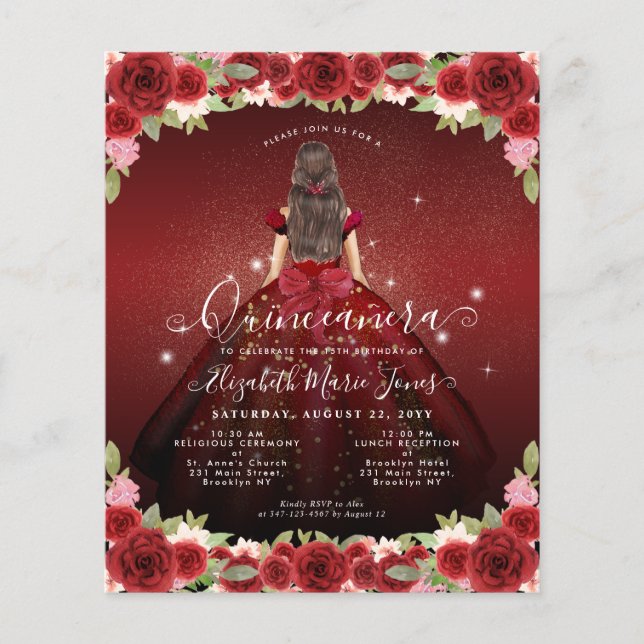 Billig floral Burgundy Gold Prinzessin Quinceanera Flyer (Vorne)