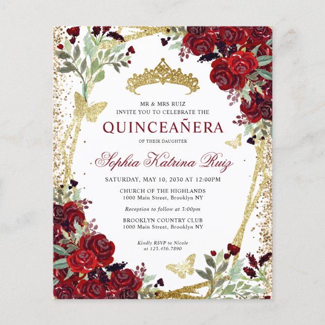 Billig floral Burgundy Gold Quinceañera Einladung Flyer (Vorne)
