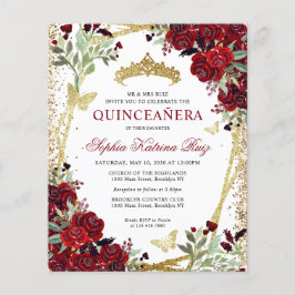 Billig floral Burgundy Gold Quinceañera Einladung Flyer