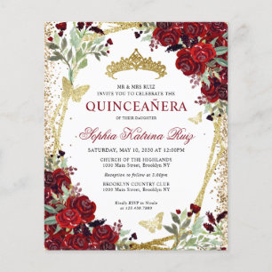 Billig floral Burgundy Gold Quinceañera Einladung Flyer