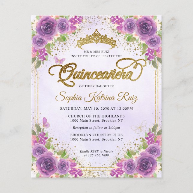 Billig Floral Light Lila Gold Tiara Quinceañera Flyer (Vorne)