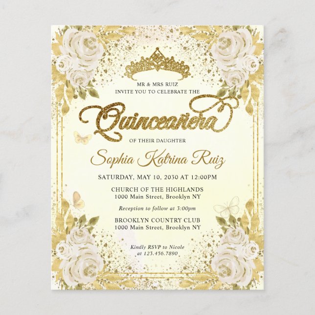 Billig Floral Light Lila Gold Tiara Quinceañera Flyer (Vorne)