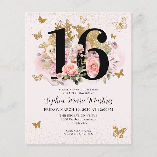 Billig Floral Pink Gold Schmetterling Sweet 16 Geb Flyer (Vorne)