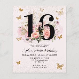 Billig Floral Pink Gold Schmetterling Sweet 16 Geb Flyer
