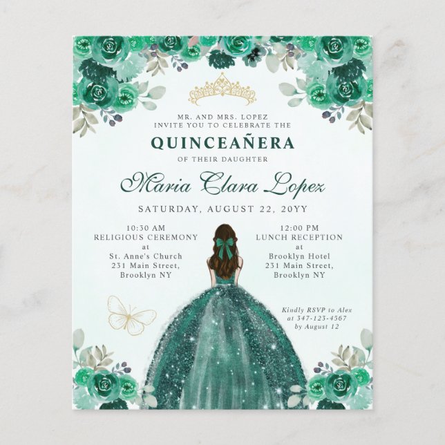 Billig Green Gold Floral Glam Prinzessin Quinceañe Flyer (Vorne)