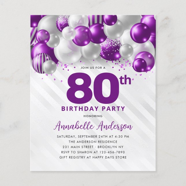 Billig Lila Silver Ballon Glitzer 80. Geburtstag Flyer (Vorne)