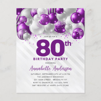 Billig Lila Silver Ballon Glitzer 80. Geburtstag Flyer