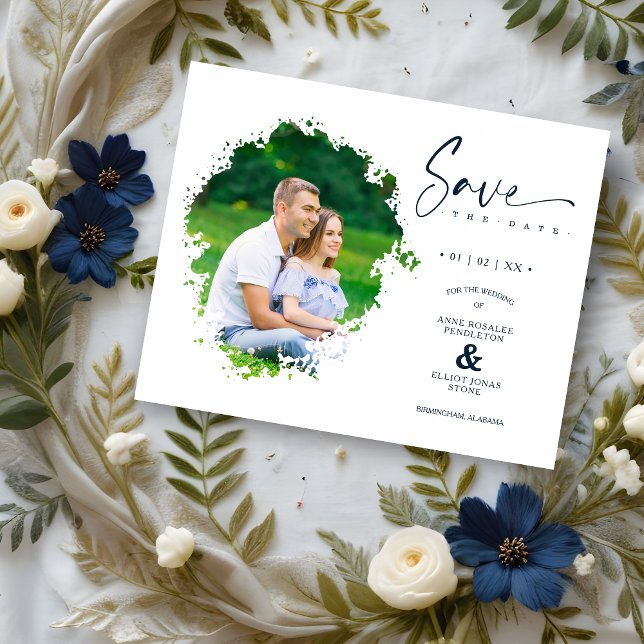 Billig Moderne Grunge Ink Effect Foto Hochzeit (Budget Modern Grunge Ink Effect Photo Engaged Couple Wedding Save the Date with Envelope.)