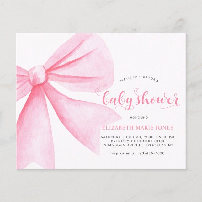 Billig Pink Watercolor Bow Ribbon Girl Babydusche Flyer (Vorne)