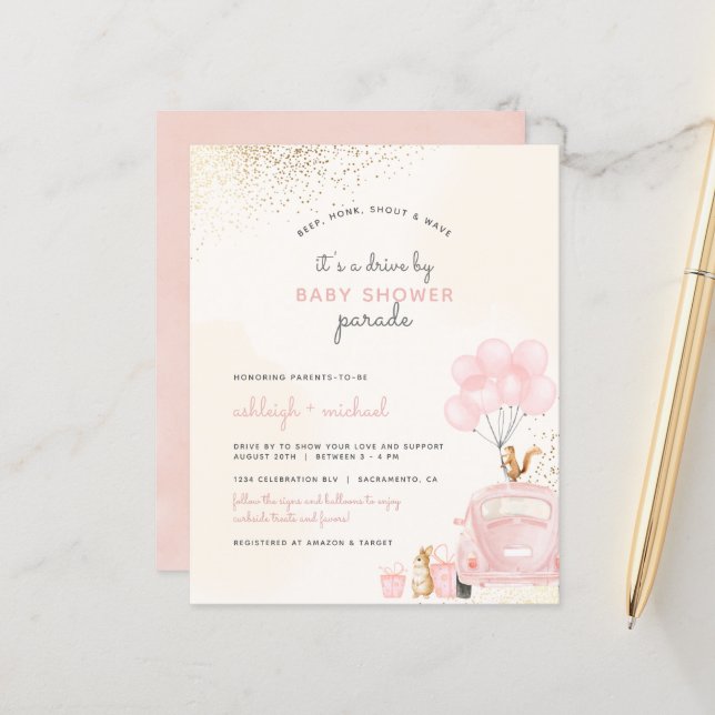 Billig rosa Ballonfahrwerk mit Babydusche (Vorderseite/Rückseite Beispiel)