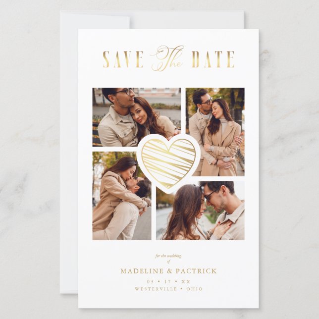 Billig White Collage Wedding Gold Heart 4 Fotos (Vorderseite)