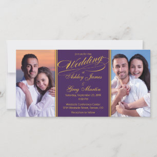 Billige Lila Goldfoto-Collage Hochzeit Einladung