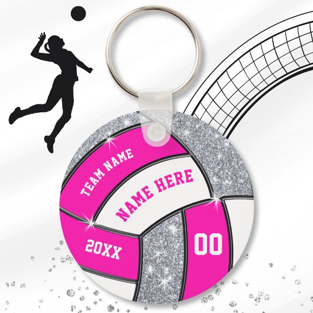 Billige Silber-, Rosa- und Weiß-Volleyball-Schlüss Schlüsselanhänger (Pink, Silver and White, Volleyball Favors. Cheap Volleyball Team Gifts. Volleyball Birthday Ideas. )
