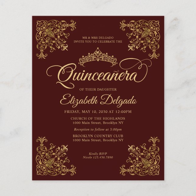 Billige Vintage Burgundgoldrahmen Quinceanera Flyer (Vorne)