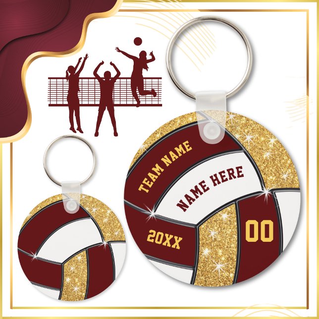Billige Volleyball-Gastgeschenke, Maroon, Gold Schlüsselanhänger (Volleyball Party Favors. Volleyball party favors and Personalized volleyball keychains. Burgundy.)