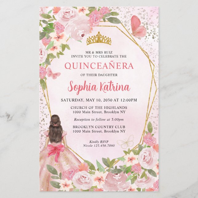 Billiges Rosa Blütengolden Prinzessin Quinceañera (Vorderseite)