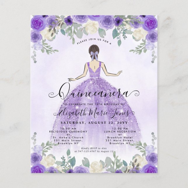 Billigfloral Lila Prinzessin Birthday Quinceanera Flyer (Vorne)