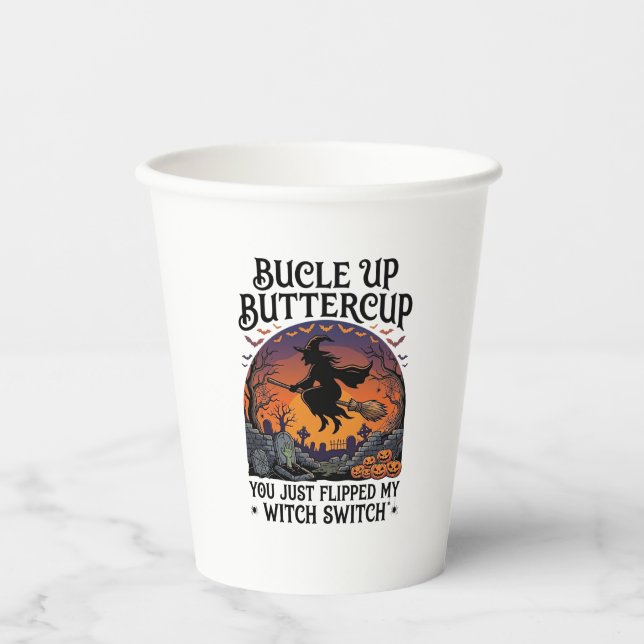 Binde Auf Butterblume Hexe Schalter Halloween Bese Pappbecher (Vorderseite)