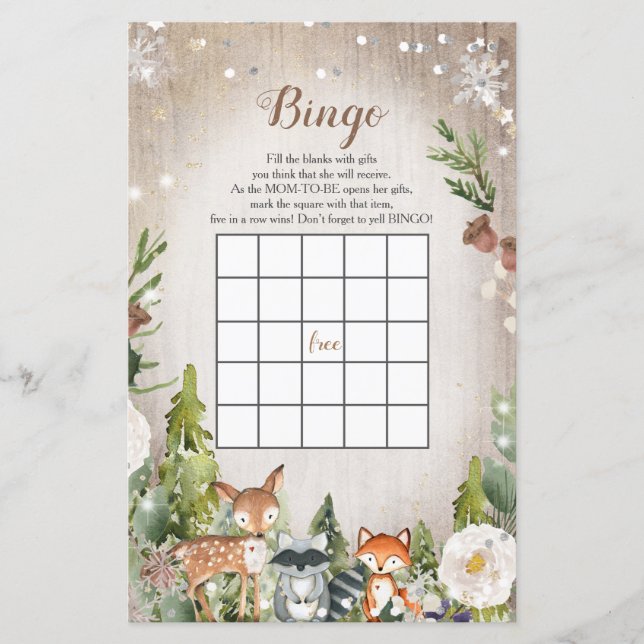 Bingo Baby Shower Winter Animals Woodland (Vorderseite)