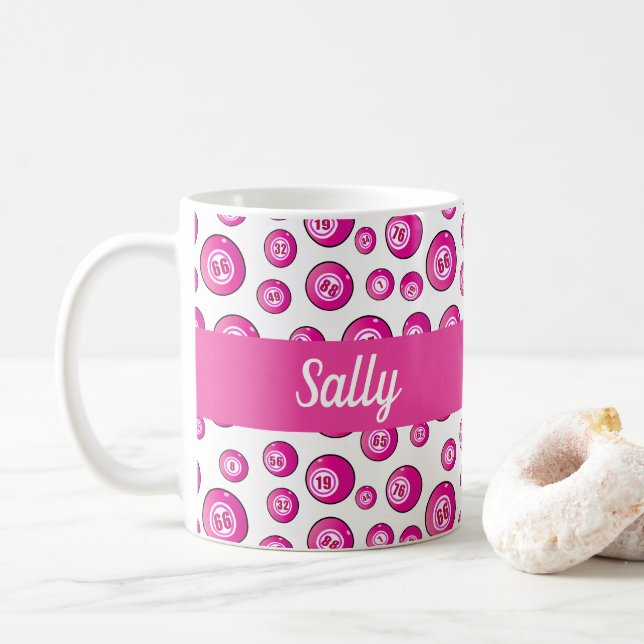 Bingo Balls Pink Personalisiert Kaffeetasse (Mit Donut)