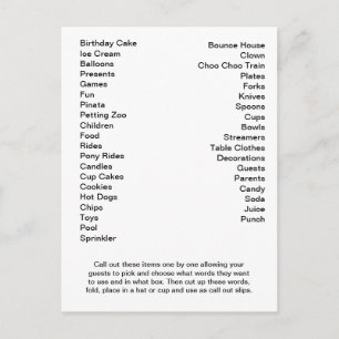 Bingo Card Geburtstagsparty ruft Worte aus Einladungspostkarte