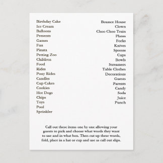 Bingo Card Geburtstagsparty ruft Worte aus Einladungspostkarte