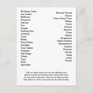 Bingo Card Geburtstagsparty ruft Worte aus Postkarte