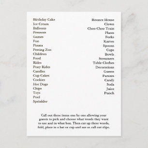 Bingo Card Geburtstagsparty ruft Worte aus Postkarte