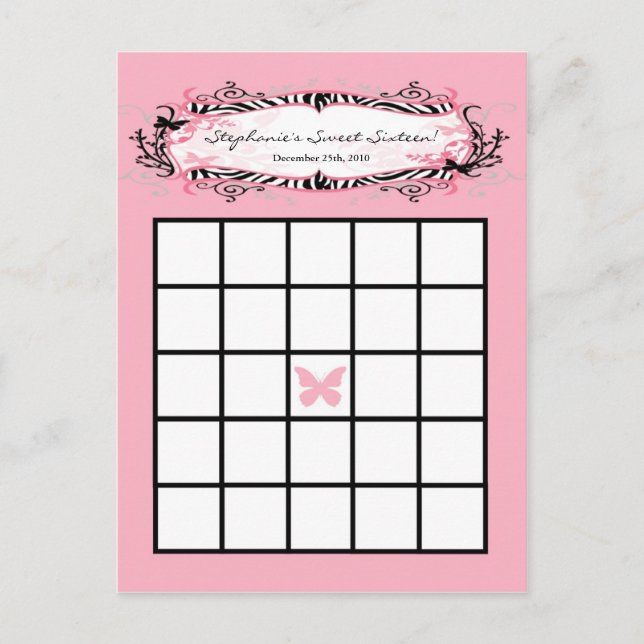 Bingo Card Girly Butterfly Zebra Print Postkarte (Vorderseite)