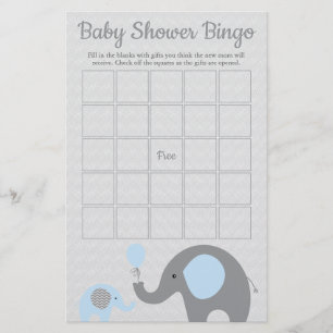 Bingo Game Card Blauer und Grau Elephant Baby Show Flyer