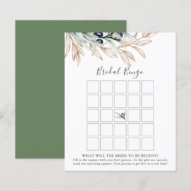 Bingo-Game-Karte für das Brautparty Olive Branch (Vorne/Hinten)