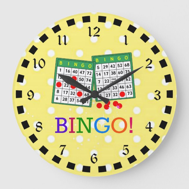 Bingo! Grüne und weiße Bingokarte in Gelb Große Wanduhr (Vorderseite)