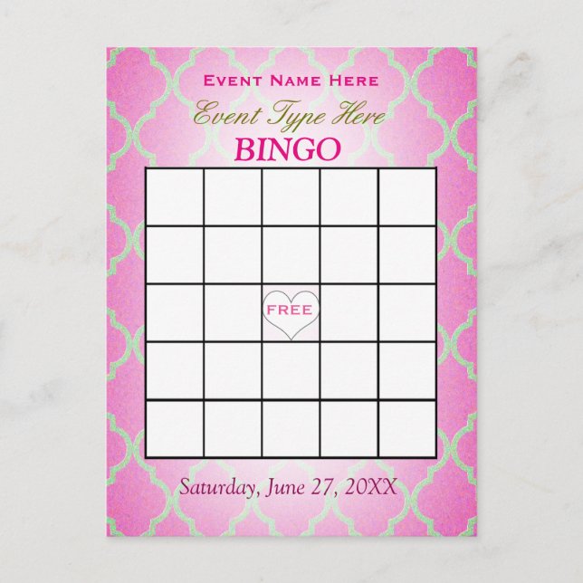Bingo-Karte | rosa Quatrefoil Postkarte (Vorderseite)