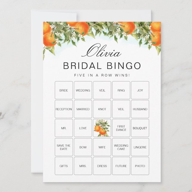 Bingo Orange Citrus Brautparty Game Card Einladung (Vorderseite)