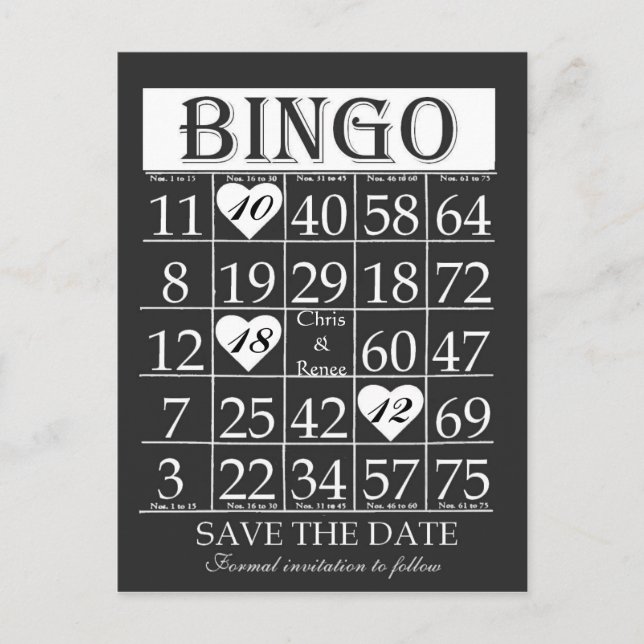 Bingo Save the Date Black & White Postcard Ankündigungspostkarte (Vorderseite)