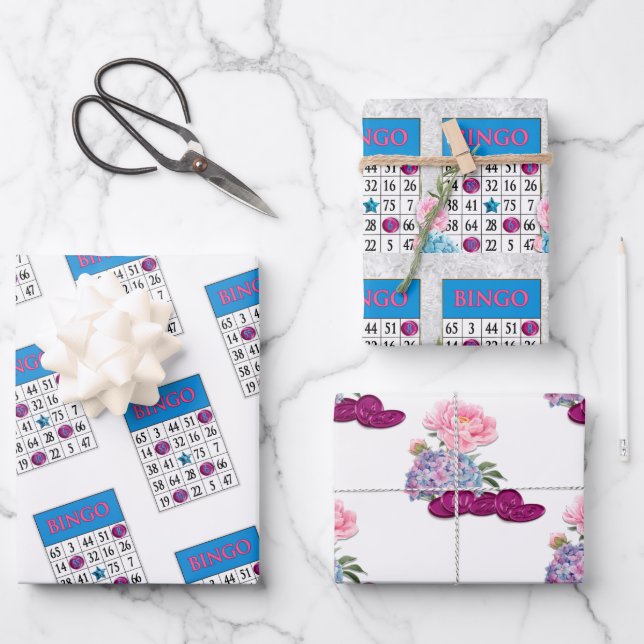 Bingokarten mit rosa und blauen Blumen und Pommes  Geschenkpapier Set (Vorderseite)