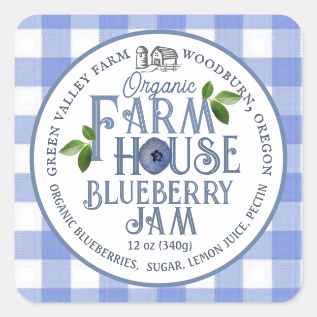 Bio Bauernhaus Blueberry Jam Blue Gingham Label Quadratischer Aufkleber (Vorderseite)