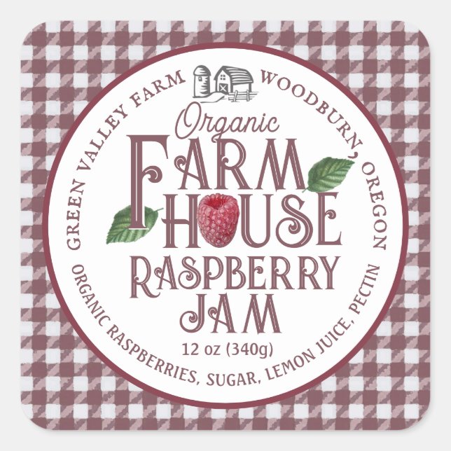 Bio Bauernhaus Raspberry Jam Red Gingham Label Quadratischer Aufkleber (Vorderseite)