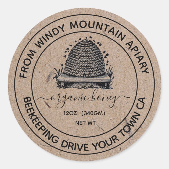 Bio Honey Kraft Paper Jar Labels | Bienenstock Runder Aufkleber (Vorderseite)