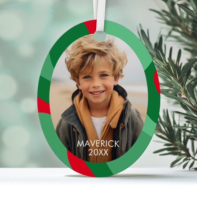 Bio Line Abstrakt Art - 1 Foto Green Red Ornament Aus Metall (Personalized Photo Ornament with a modern abstract design border)