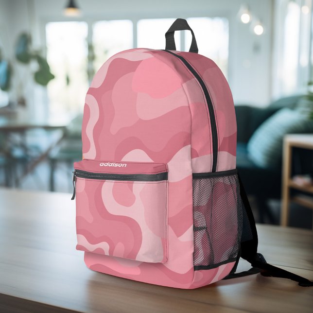 Bio Line Abstrakte Kunst - Rose und Mauve Bedruckter Rucksack (Personalized Backpack with organic curves in shades of pink plus custom name)