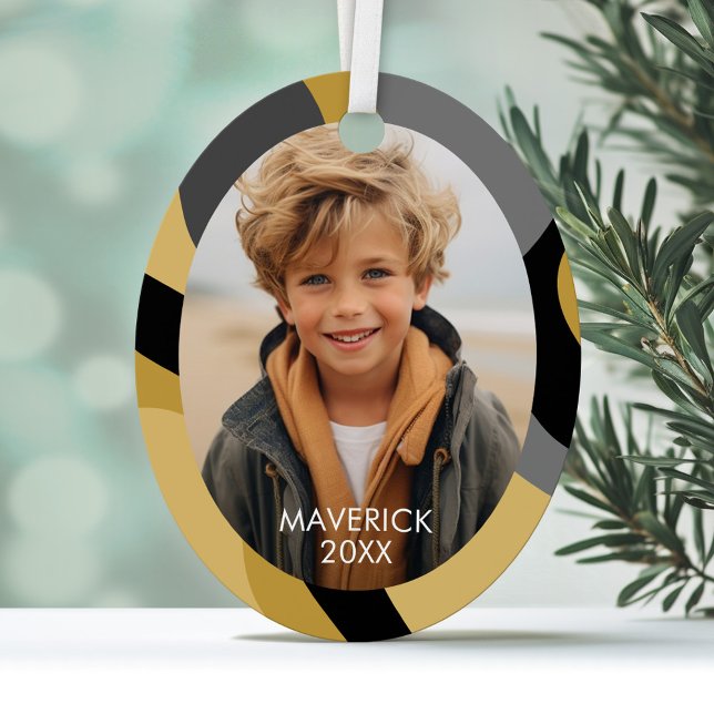 Bio Linie Abstrakt Art - 1 Foto Gold Schwarz Ornament Aus Metall (Personalized Photo Ornament with a modern abstract design border)