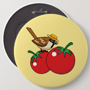 Bio Lover Sparrow Eating Red Tomato Button