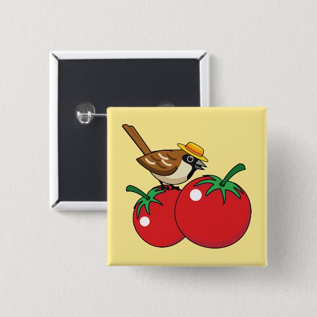 Bio Lover Sparrow Eating Red Tomato Button (Vorne & Hinten)