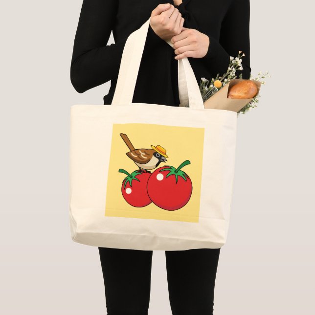 Bio Lover Sparrow Eating Red Tomato Jumbo Stoffbeutel (Vorderseite (Produkt))