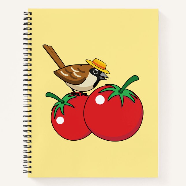 Bio Lover Sparrow Eating Red Tomato Notizbuch (Vorderseite)