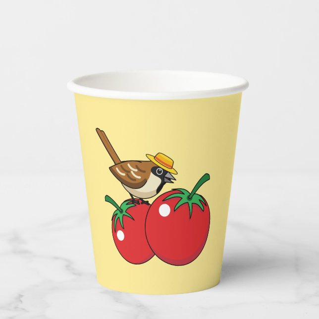 Bio Lover Sparrow Eating Red Tomato Pappbecher (Vorderseite)